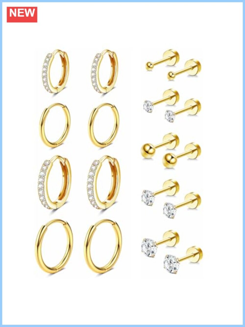 14K Gold Plated Flat Back Stud & Huggie Hoop Earrings Set Hypoallergenic